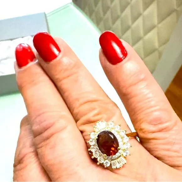 Premium Brazilian Cherry Citrine & White Zircon Cocktail Ring in Vermeil Yellow - Picture 2 of 10